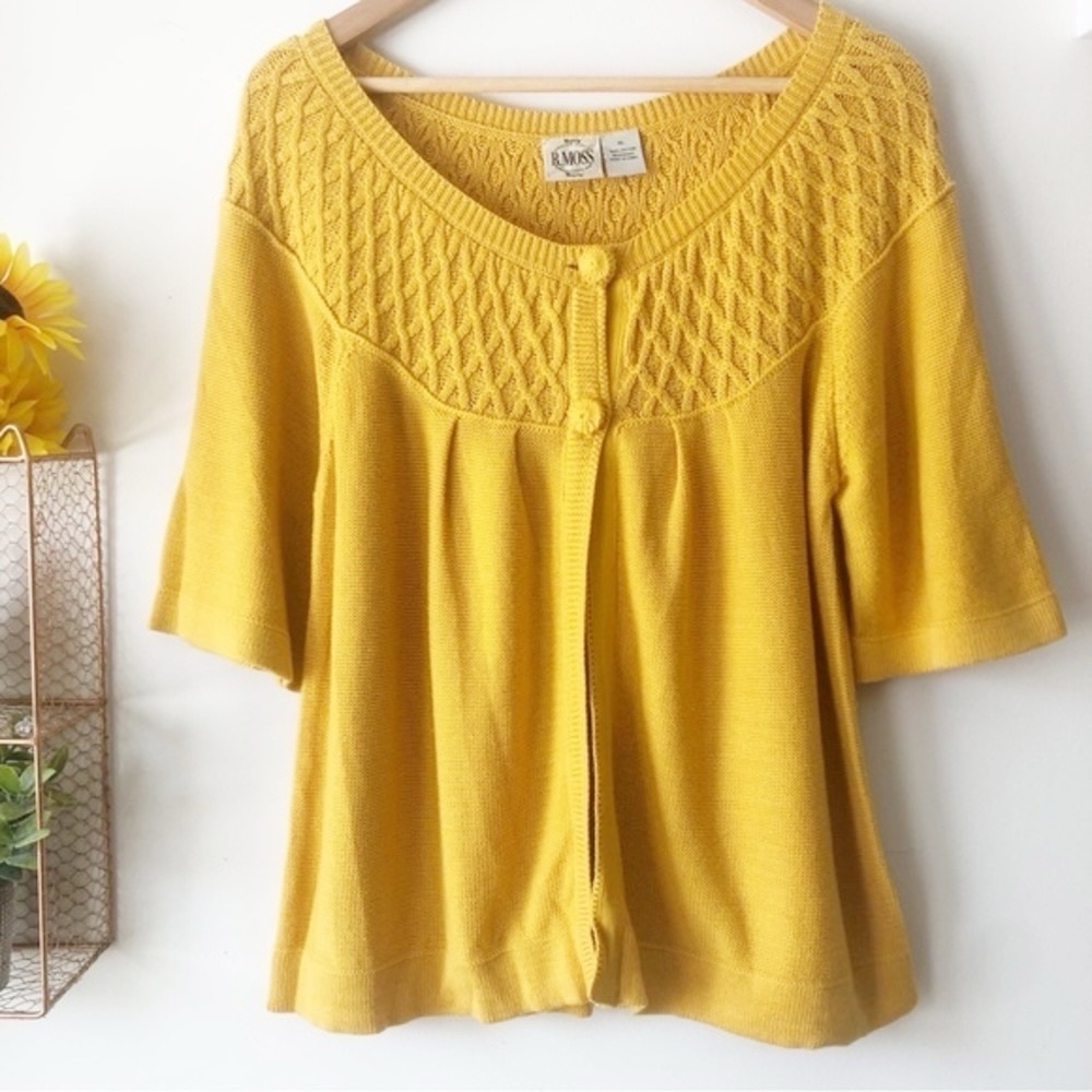Vintage 90s Y2K B. Moss Marigold Yellow Two Button Cardigan 100% Cotton Size XL - Picture 2 of 10